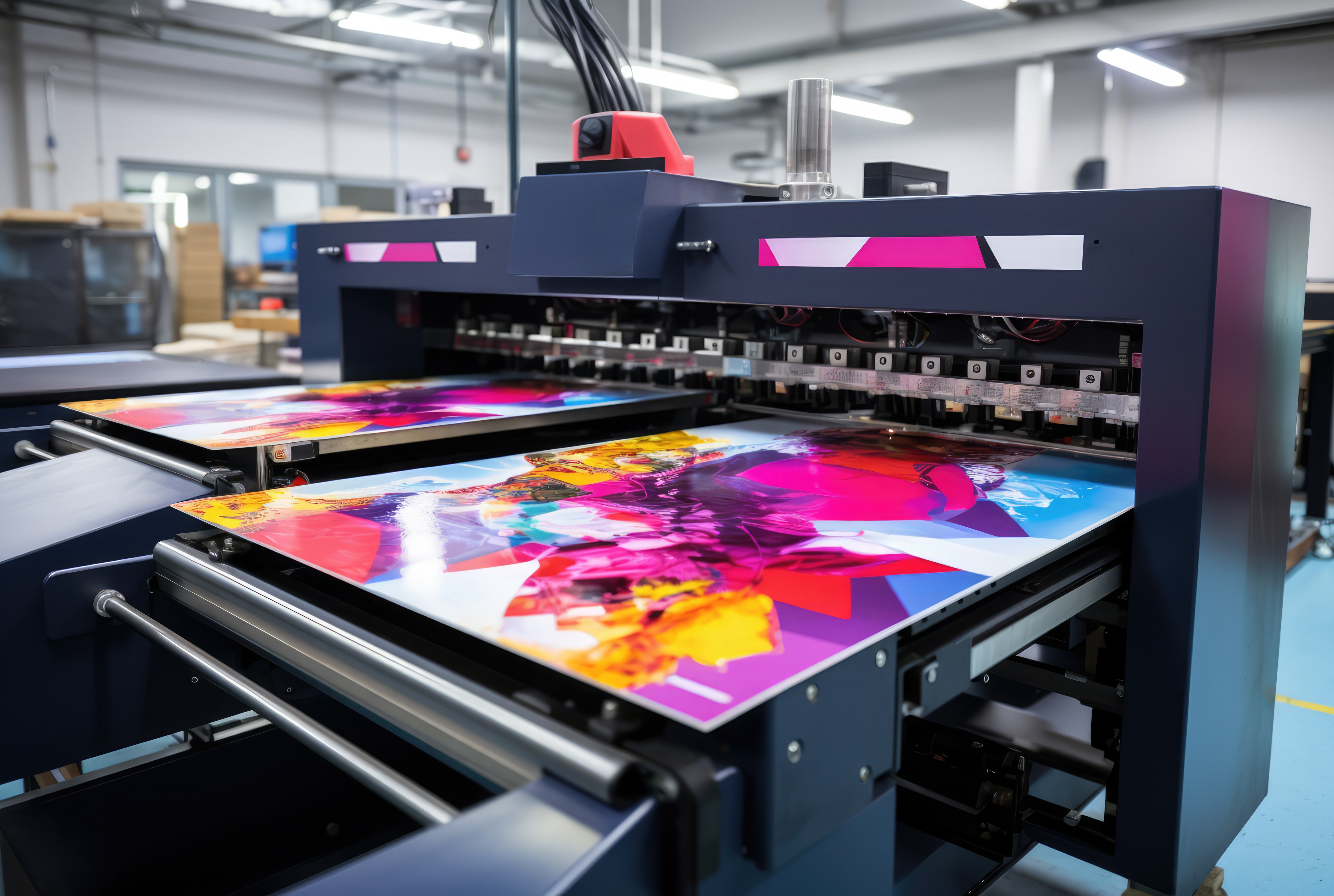 Digital Inkjet Printing Machine In Production. Сoncept High Speed Printing, Precise Color Matching, Large Format Printing, Efficient Production, Versatile Printing Options