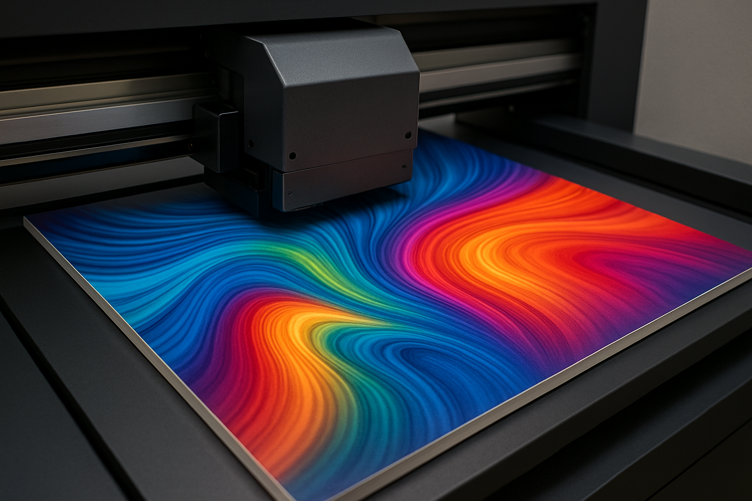 Ein Drucker erstellt ein lebhaftes, farbiges Bild mit wellenförmigen Mustern.
