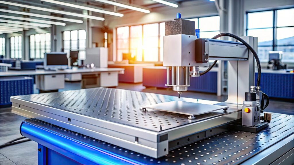 Elegante, hochtechnologische industrielle Markierungsmaschine mit Präzisionslasergravur- und Schneidefunktionen, die auf einem modernen Werkstatttisch mit Metallteilen und Werkzeugen in der Nähe steht.