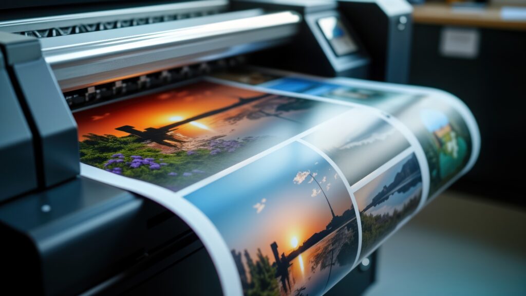 Großformatdrucker, der Bilder druckt. Industrielle Druckmaschine arbeitet schnell. Bilder in hoher Qualität in Bearbeitung. Moderne Produktionstechnik. Bilder von Landschaften, Naturszenen. Profi-Grafik