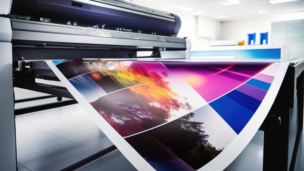 Großformatige digitale Inkjet-Druckmaschine während der Produktion. Generative KI.