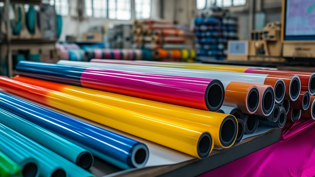 Nahaufnahme von farbenfrohen Vinylrollen in einer Druckerei. Verschiedene Farben und Größen sind gestapelt, um großformatige Druckmaterialien zu präsentieren.