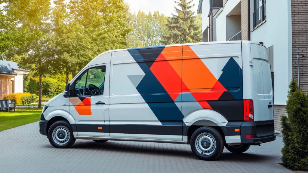 Weißer Lieferwagen mit farbenfroher, individuell gestaltbarer Beklebung, der in der Nähe von modernen Wohngebäuden in einem Vorort geparkt ist, um Branding und Logistik zu präsentieren